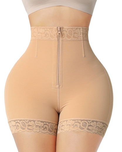 Shapewear short met hoge taille, rits voor en kanten pijpboorden - huidskleur