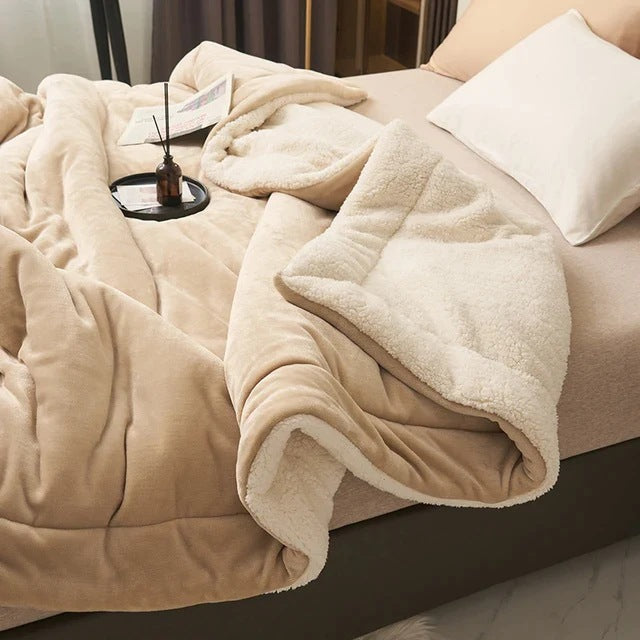 Sherpa deken met doorgestikte banen op een opgemaakt bed - beige