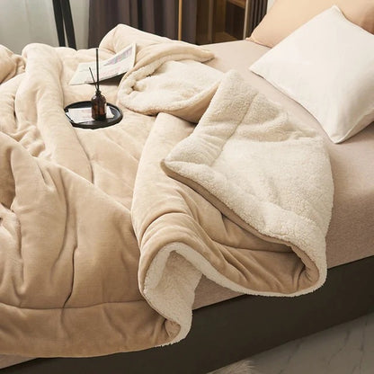 Sherpa deken met doorgestikte banen op een opgemaakt bed - beige