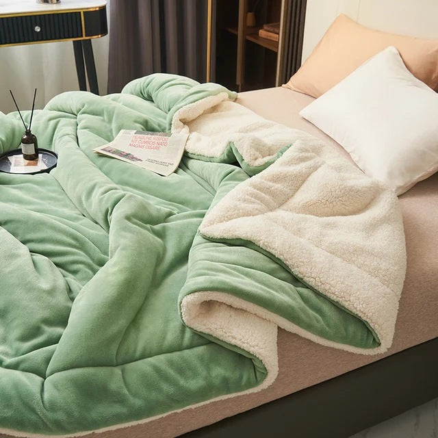 Sherpa deken met doorgestikte banen op een opgemaakt bed - lichtgroen