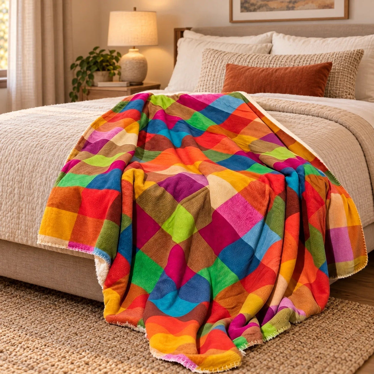 Sherpa plaid met kleurrijk ruitpatroon over een bed - 150 x 200 cm