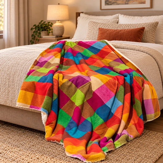 Sherpa plaid met kleurrijk ruitpatroon over een bed - 150 x 200 cm