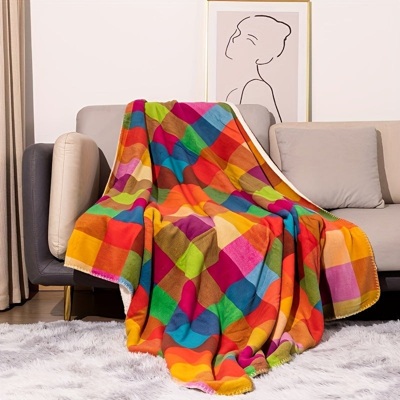 Sherpa plaid met kleurrijk ruitpatroon over een bed - beeld 2