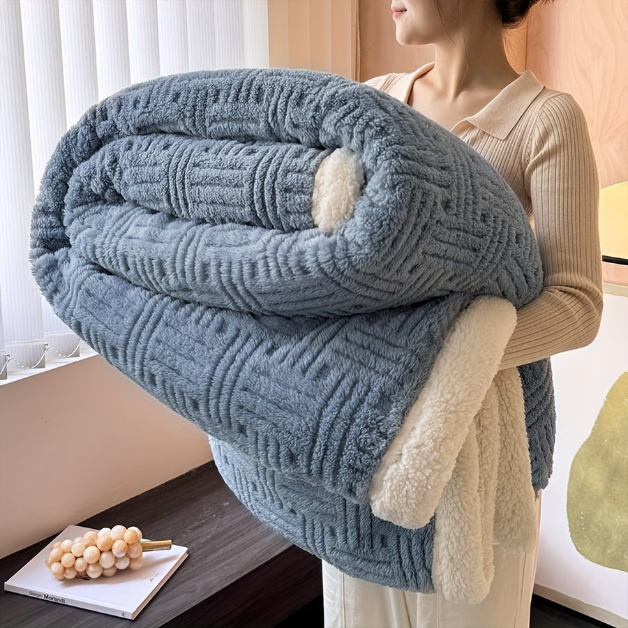Dubbelzijdige sherpa plaid met vlechtpatroon - duifblauw