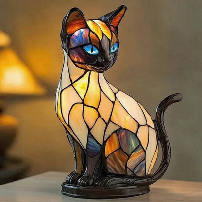 Siamese kattenlamp in glas-in-loodlook met crème lijf, donkere kop en oren en blauwe ogen