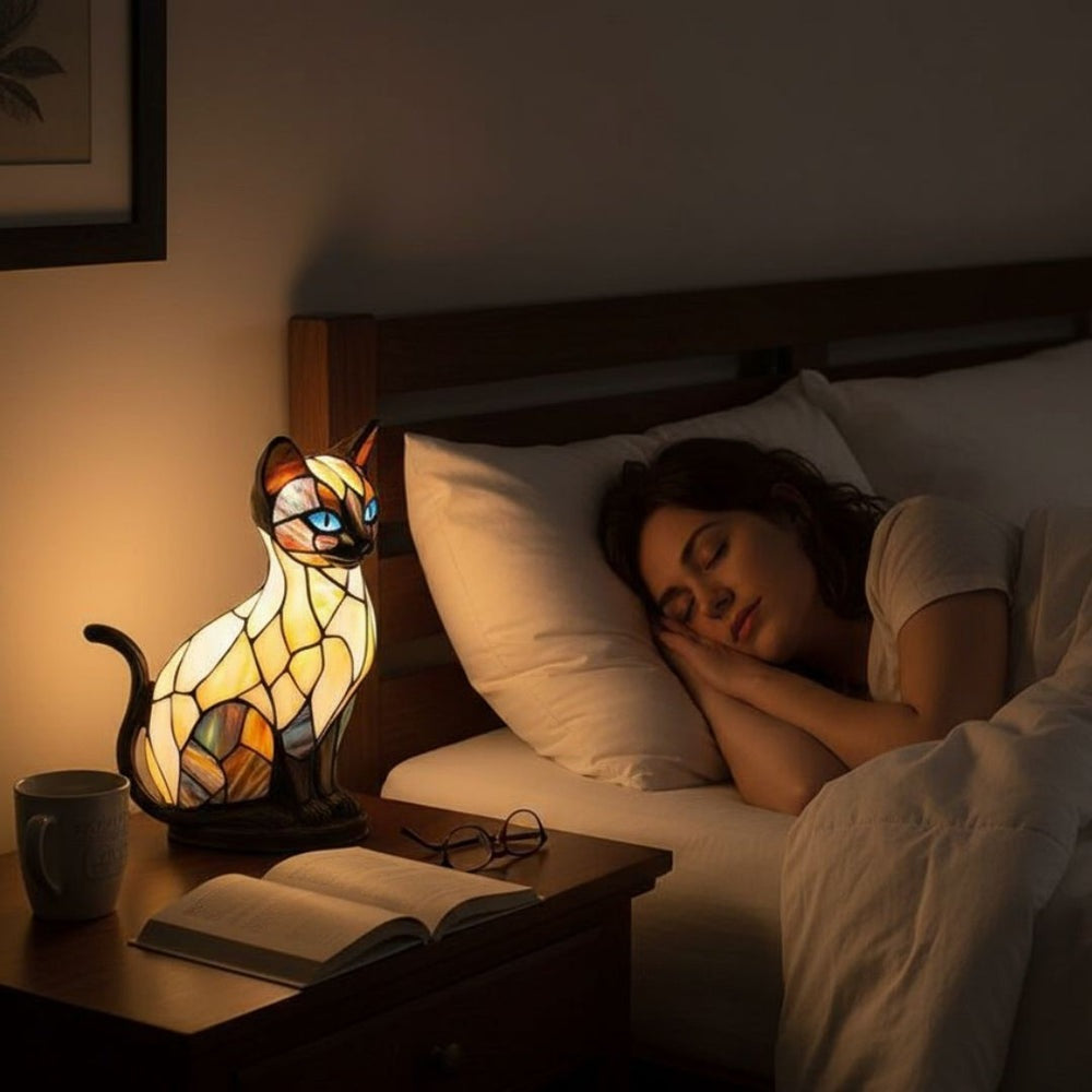 Siamese kattenlamp in glas-in-loodlook met crème lijf, donkere kop en oren en blauwe ogen
