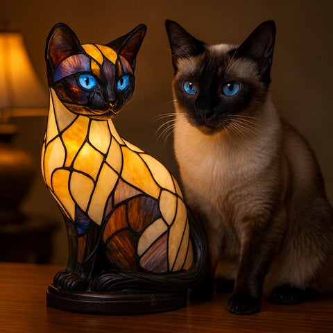 Siamese kattenlamp in glas-in-loodlook met crème lijf, donkere kop en oren en blauwe ogen