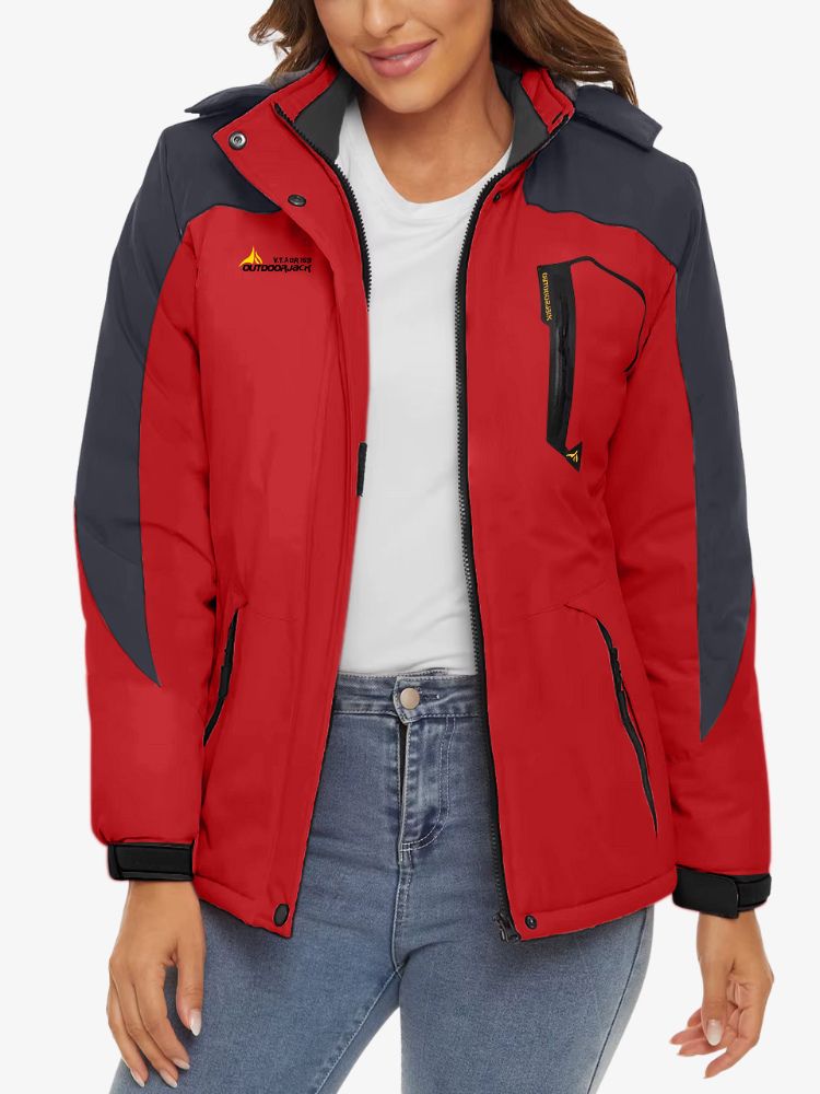 Ski-jas voor dames met fleecevoering, capuchon en ritszakken - rood