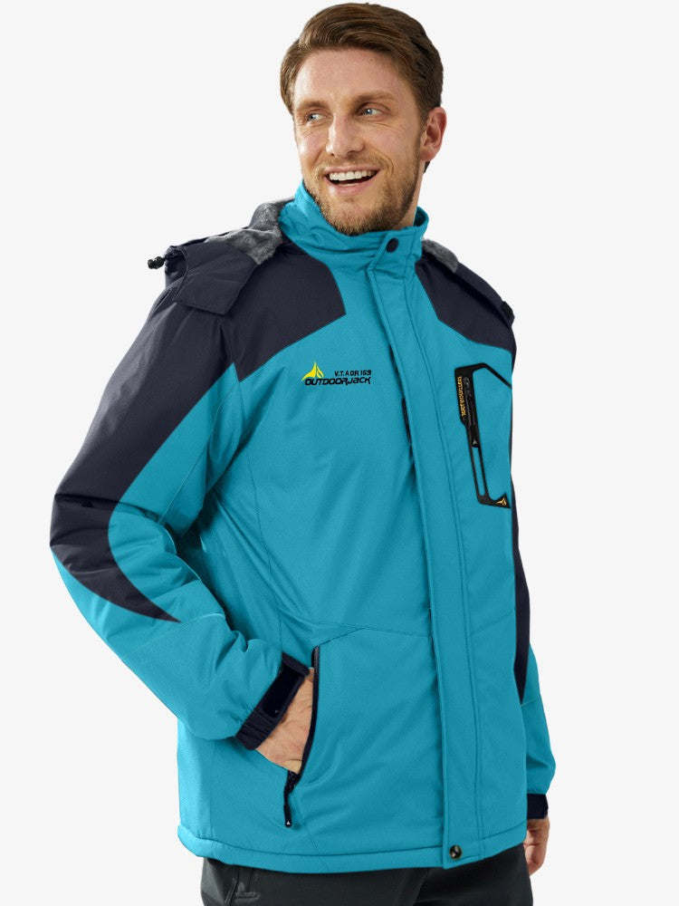 Ski-jas voor heren met pluche voering, capuchon en ritszakken - turquoise