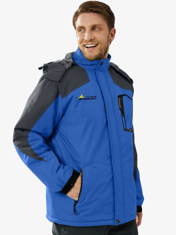 Ski-jas voor heren met pluche voering, capuchon en ritszakken - kobaltblauw