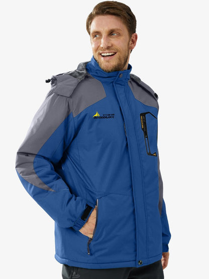 Ski-jas voor heren met pluche voering, capuchon en ritszakken - blauw met grijs