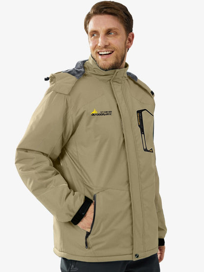 Ski-jas voor heren met pluche voering, capuchon en ritszakken - khaki