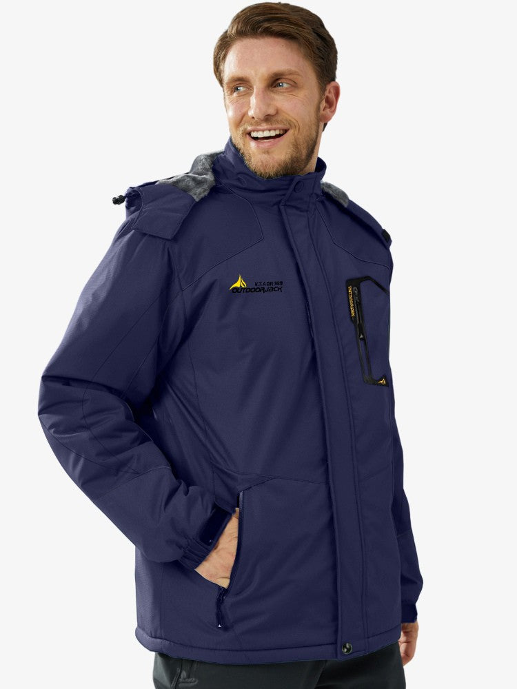 Ski-jas voor heren met pluche voering, capuchon en ritszakken - marineblauw