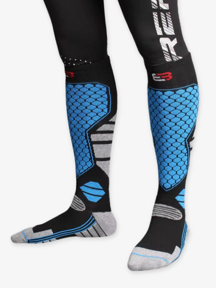 Dikke kniehoge skisokken voor heren met honingraatpatroon op het scheenbeen - zwart/blauw