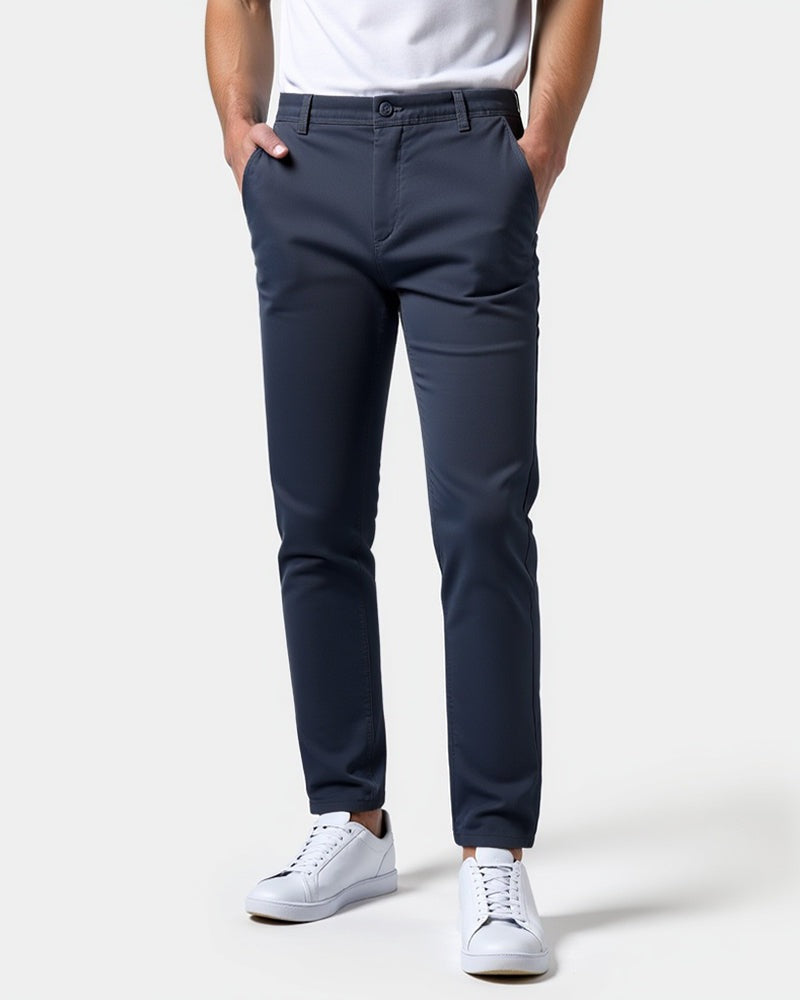 Slim fit chinobroek voor heren met lichte stretch en taps toelopende pijp - marineblauw