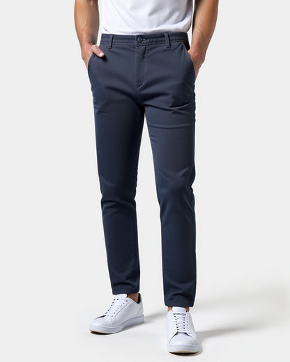 Slim fit chinobroek voor heren met lichte stretch en taps toelopende pijp - marineblauw