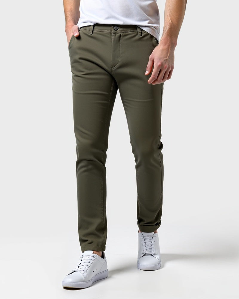 Slim fit chinobroek voor heren met lichte stretch en taps toelopende pijp - olijfgroen