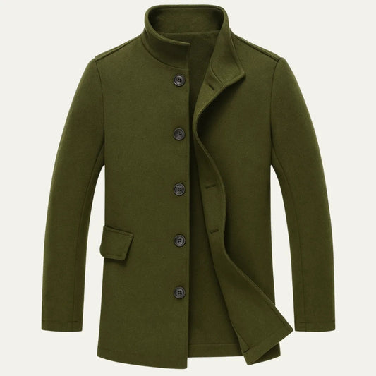 Slim fit herenjas in wollook met opstaande kraag