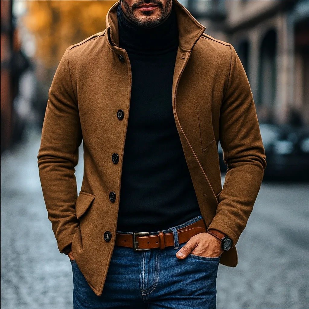 Slim fit herenjas in wollook met opstaande kraag - bruin