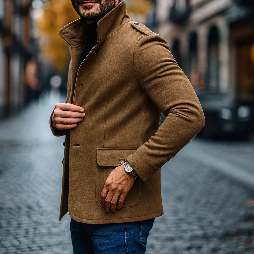 Slim fit herenjas in wollook met opstaande kraag - beeld 4