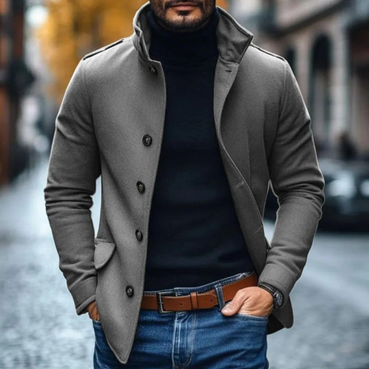 Slim fit herenjas in wollook met opstaande kraag - grijs