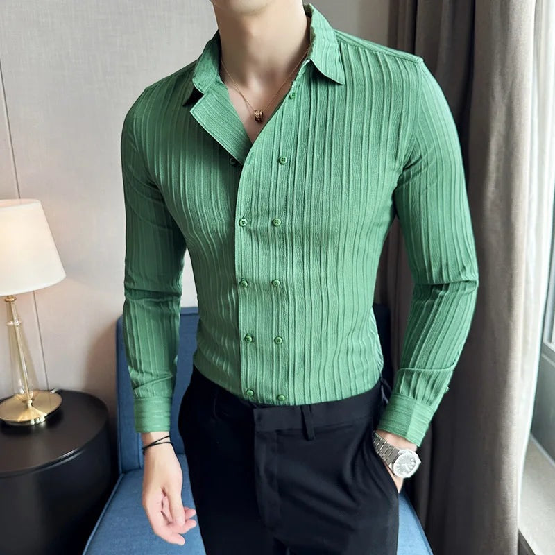 Slim fit herenoverhemd met dubbele knoopsluiting en verticale streepstructuur - jadegroen