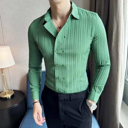 Slim fit herenoverhemd met dubbele knoopsluiting en verticale streepstructuur - jadegroen