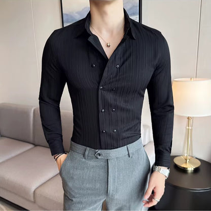 Slim fit herenoverhemd met dubbele knoopsluiting en verticale streepstructuur - beeld 10