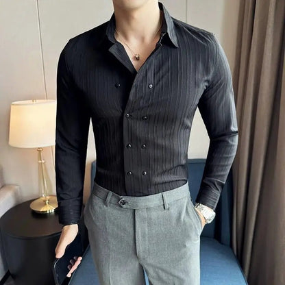 Slim fit herenoverhemd met dubbele knoopsluiting en verticale streepstructuur - zwart