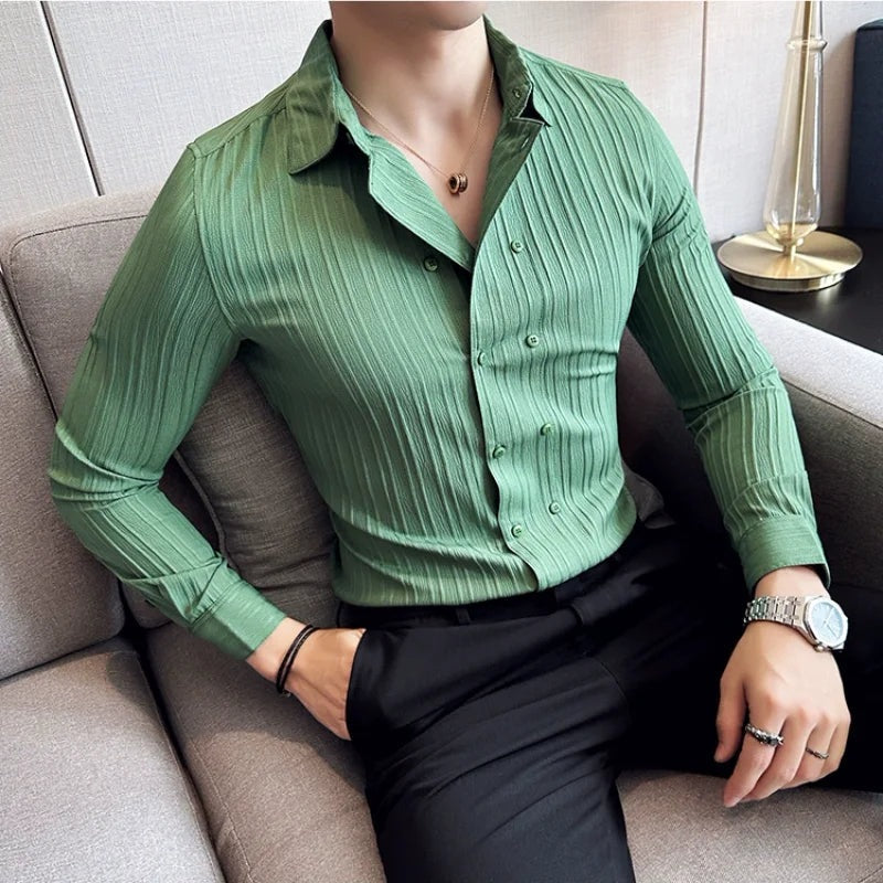 Slim fit herenoverhemd met dubbele knoopsluiting en verticale streepstructuur - beeld 4