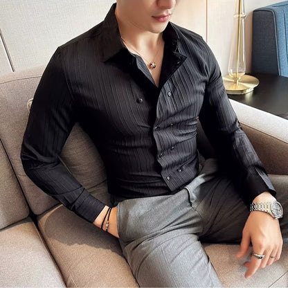 Slim fit herenoverhemd met dubbele knoopsluiting en verticale streepstructuur - beeld 9