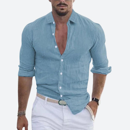 Slim fit herenoverhemd in linnenlook met open kraag, witte knopen en opgerolde lange mouwen - grijsblauw