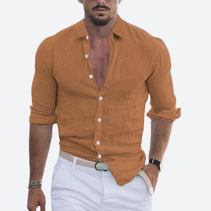 Slim fit herenoverhemd in linnenlook met open kraag, witte knopen en opgerolde lange mouwen - roestoranje