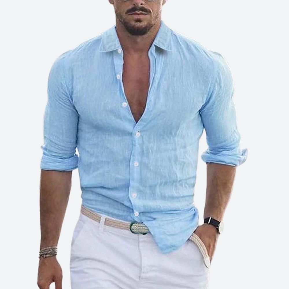 Slim fit herenoverhemd in linnenlook met open kraag, witte knopen en opgerolde lange mouwen - lichtblauw