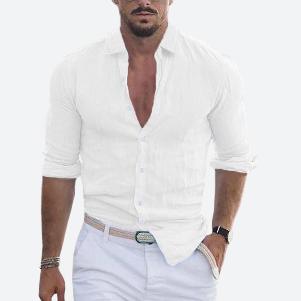 Slim fit herenoverhemd in linnenlook met open kraag, witte knopen en opgerolde lange mouwen - wit