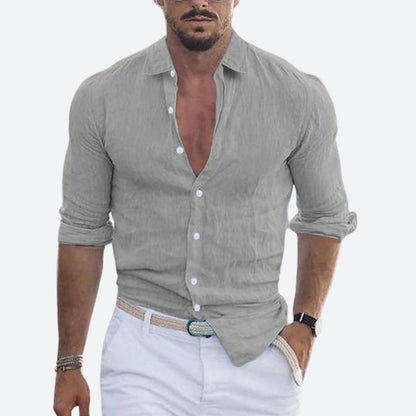 Slim fit herenoverhemd in linnenlook met open kraag, witte knopen en opgerolde lange mouwen - grijs