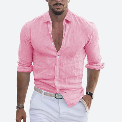 Slim fit herenoverhemd in linnenlook met open kraag, witte knopen en opgerolde lange mouwen - roze
