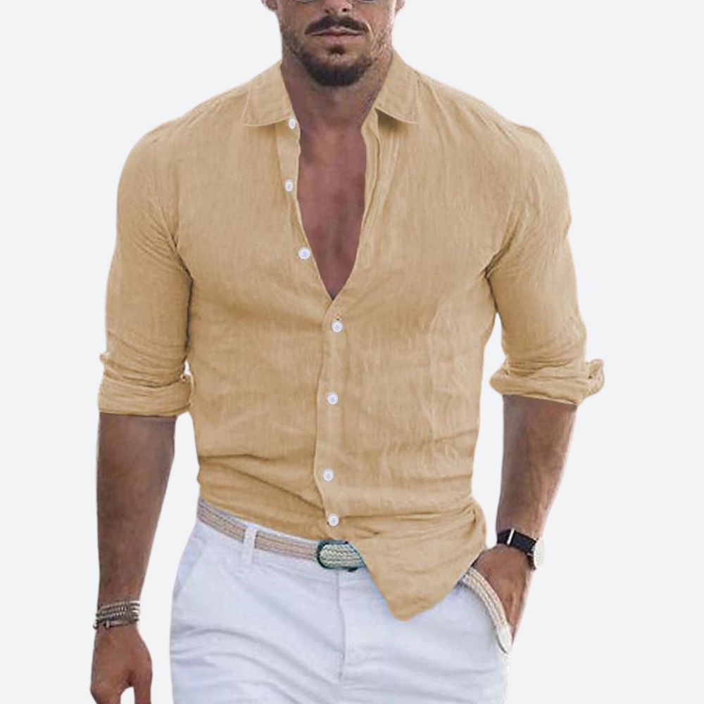 Slim fit herenoverhemd in linnenlook met open kraag, witte knopen en opgerolde lange mouwen - zand