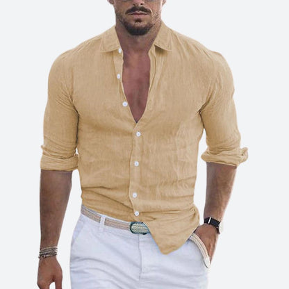 Slim fit herenoverhemd in linnenlook met open kraag, witte knopen en opgerolde lange mouwen - zand