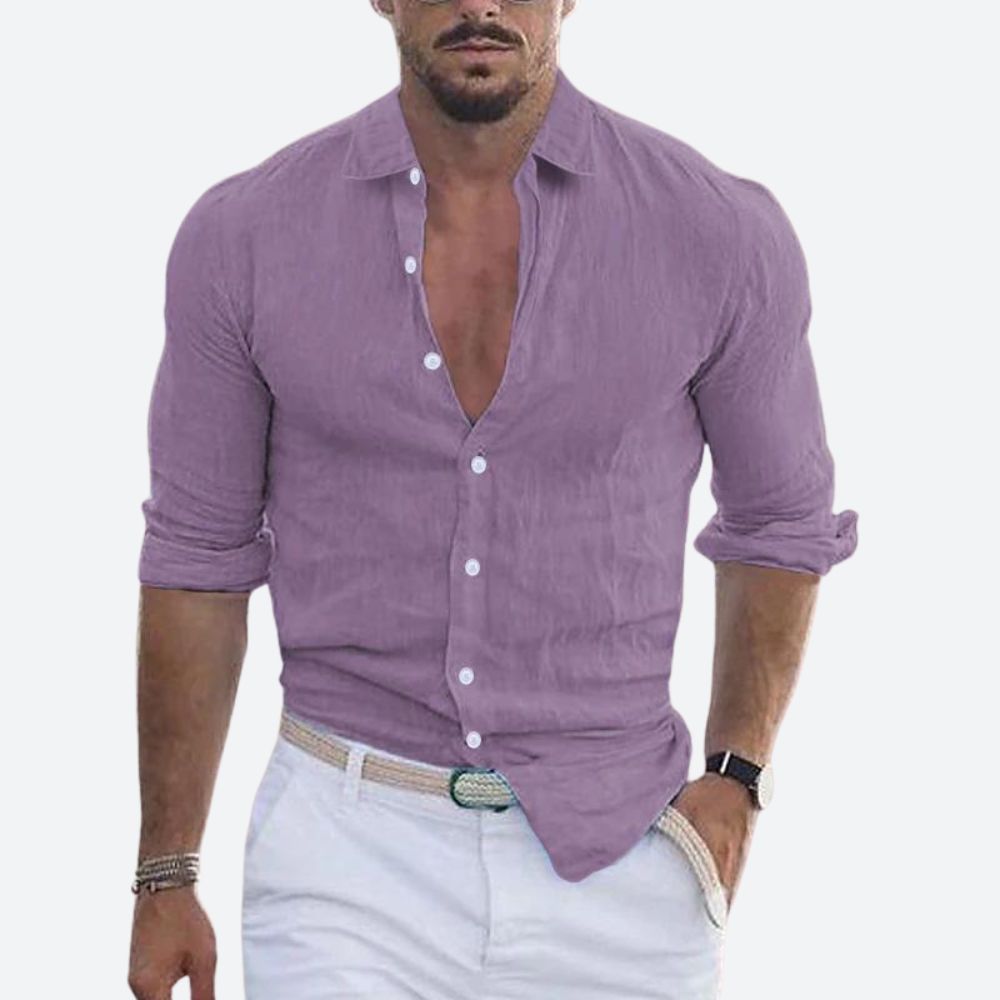 Slim fit herenoverhemd in linnenlook met open kraag, witte knopen en opgerolde lange mouwen - lila