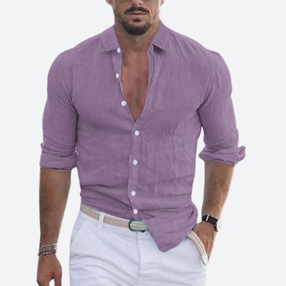 Slim fit herenoverhemd in linnenlook met open kraag, witte knopen en opgerolde lange mouwen - lila