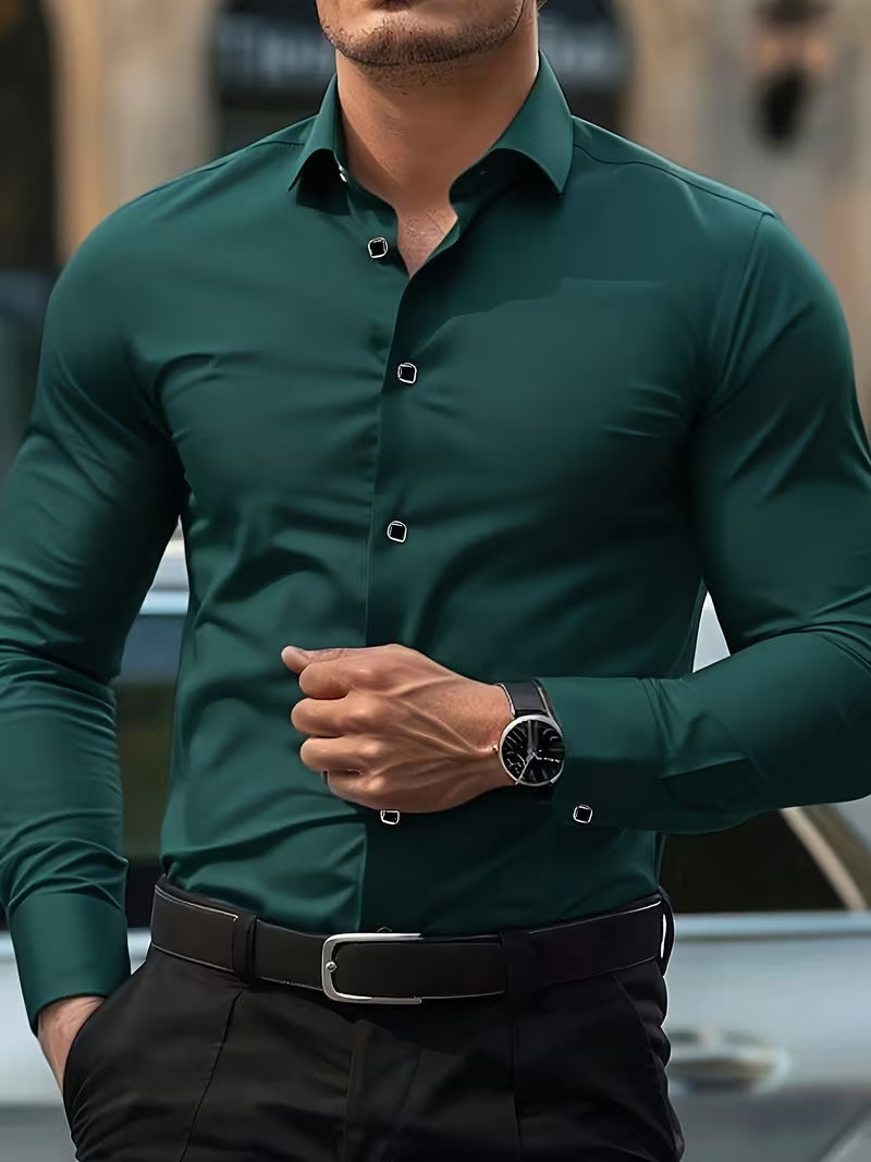 Slim fit herenoverhemd met stretch en puntkraag - donkergroen