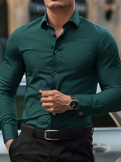 Slim fit herenoverhemd met stretch en puntkraag - donkergroen