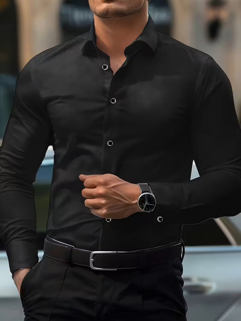 Slim fit herenoverhemd met stretch en puntkraag - zwart