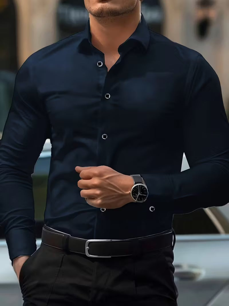 Slim fit herenoverhemd met stretch en puntkraag - marineblauw