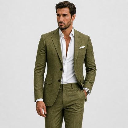 Slim fit herenpak in linnenlook met colbert en pantalon - olijfgroen