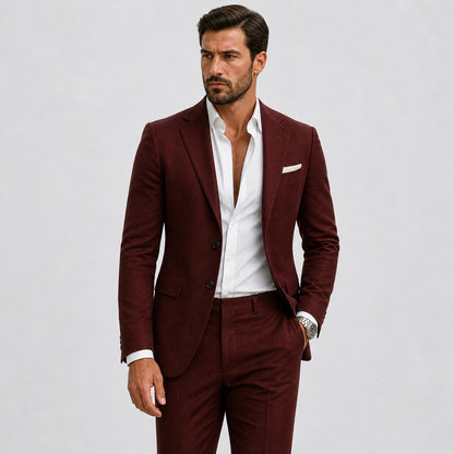 Slim fit herenpak in linnenlook met colbert en pantalon - bordeaux