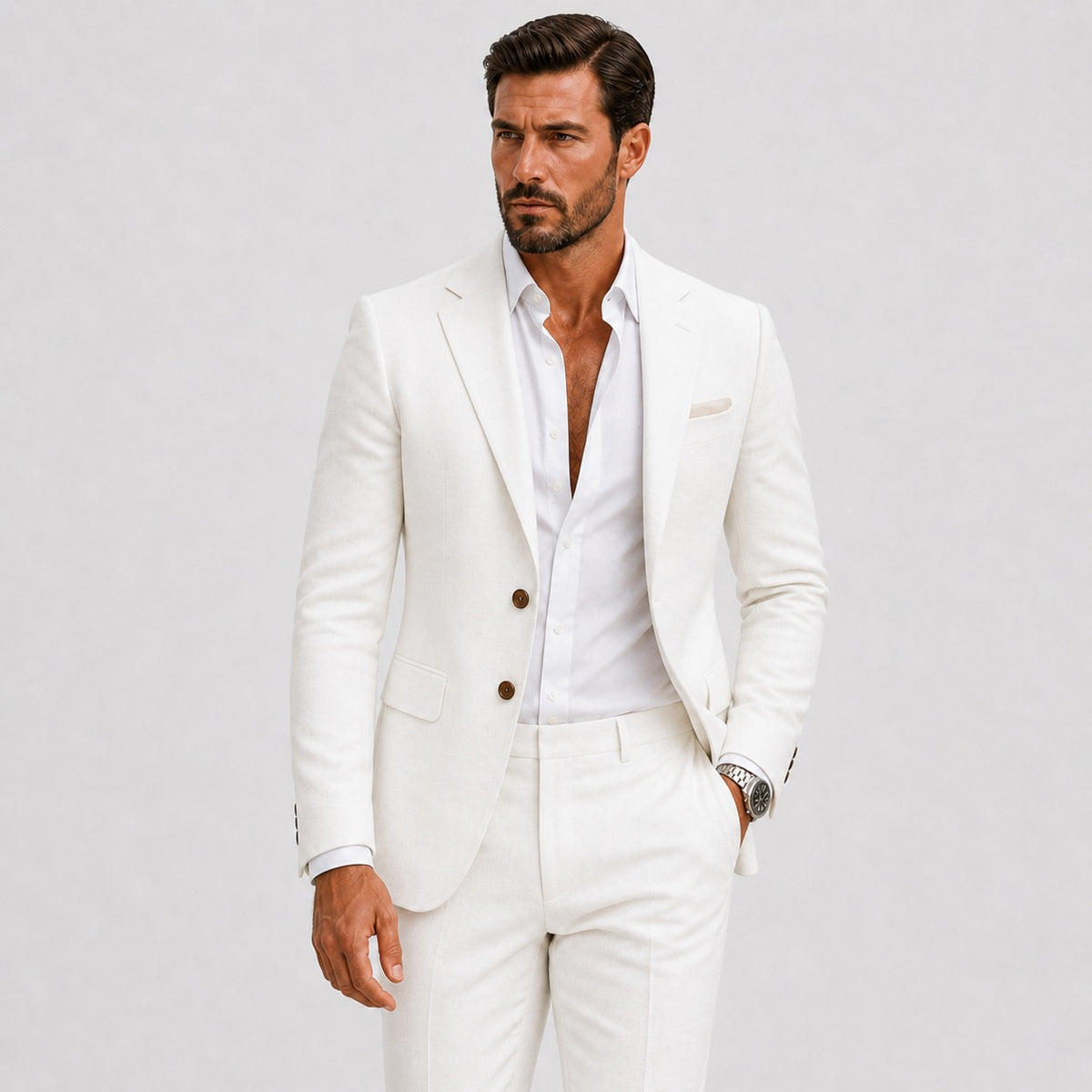 Slim fit herenpak in linnenlook met colbert en pantalon - wit