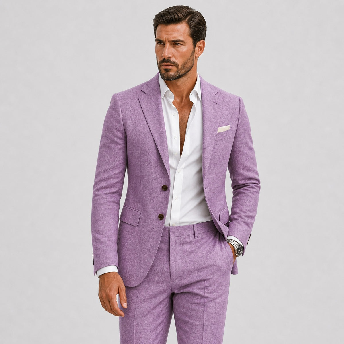 Slim fit herenpak in linnenlook met colbert en pantalon - lila