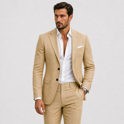 Slim fit herenpak in linnenlook met colbert en pantalon - camel